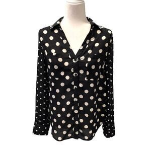 My Michelle Black Sheer Button Front Blouse White Polka Dots M
